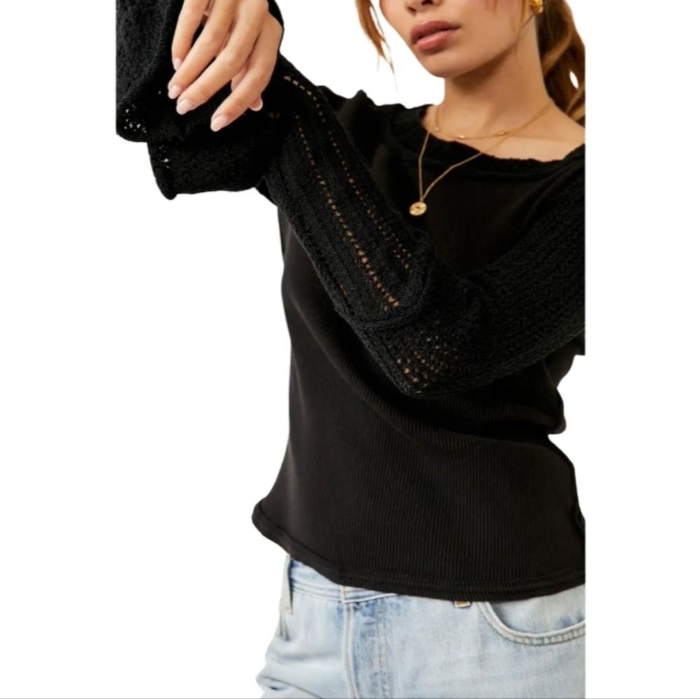 Free People Cuffing Season Ribbed Bell Sleeve Top Black Boat Neck Small
